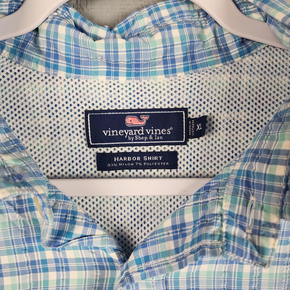 Vineyard Vines Harbor Shirt Mens XL Blue Green Plaid Vented Fishing Nylon Logo